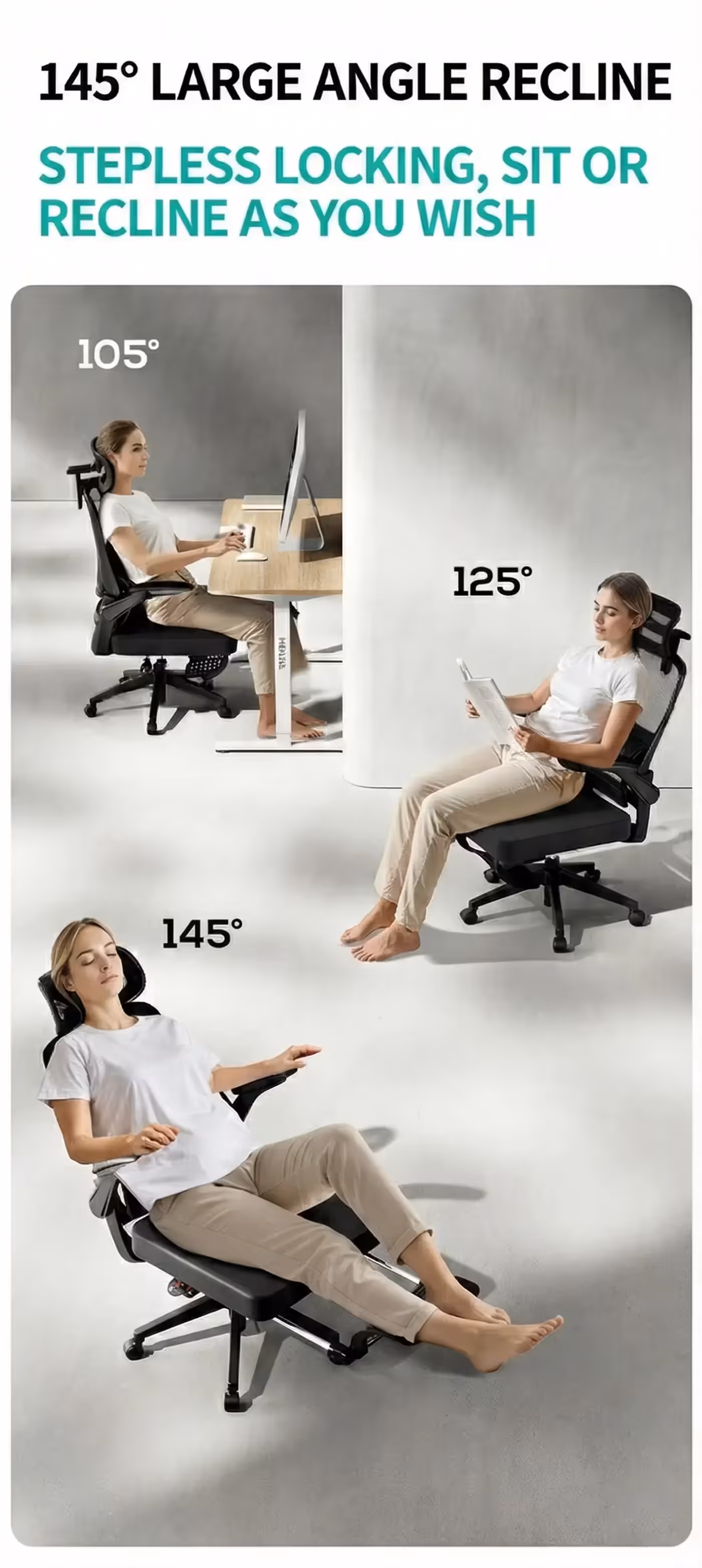 Three seated positions shown at 105, 125 and 145 degrees of recline