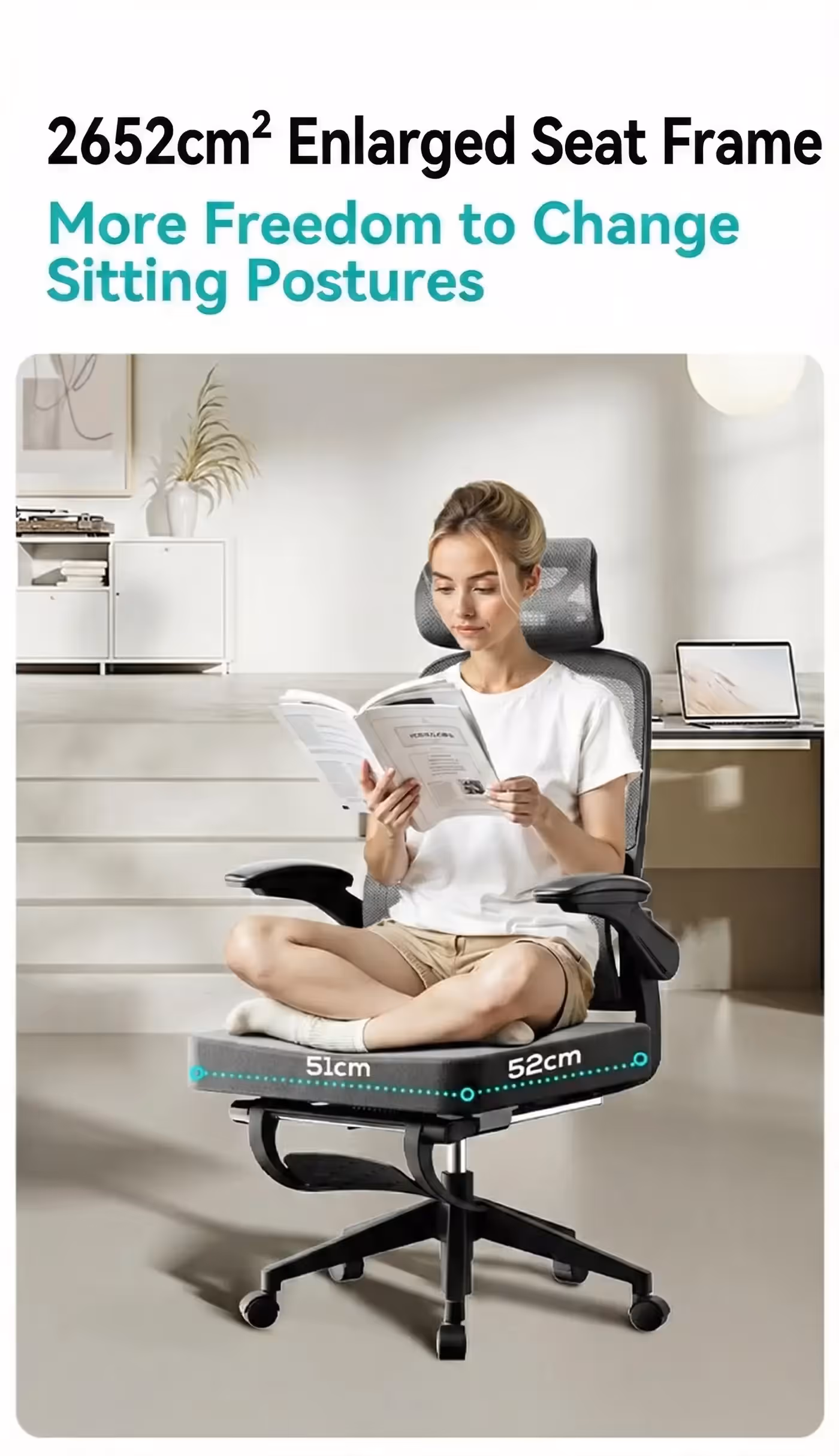 A person sitting cross-legged on the chair reading, seat dimensions marked