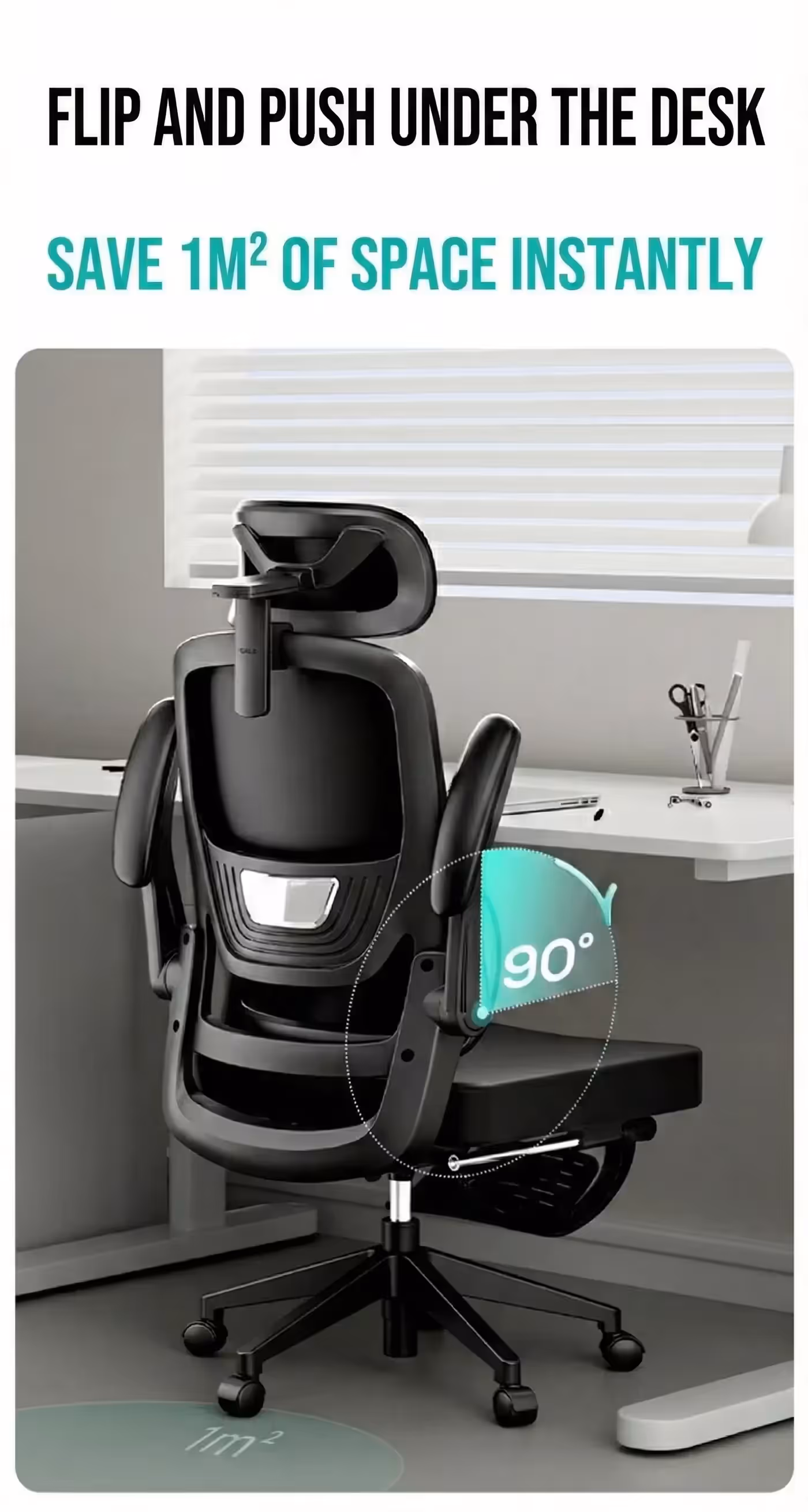 The chair with armrests folded, pushed in under a desk