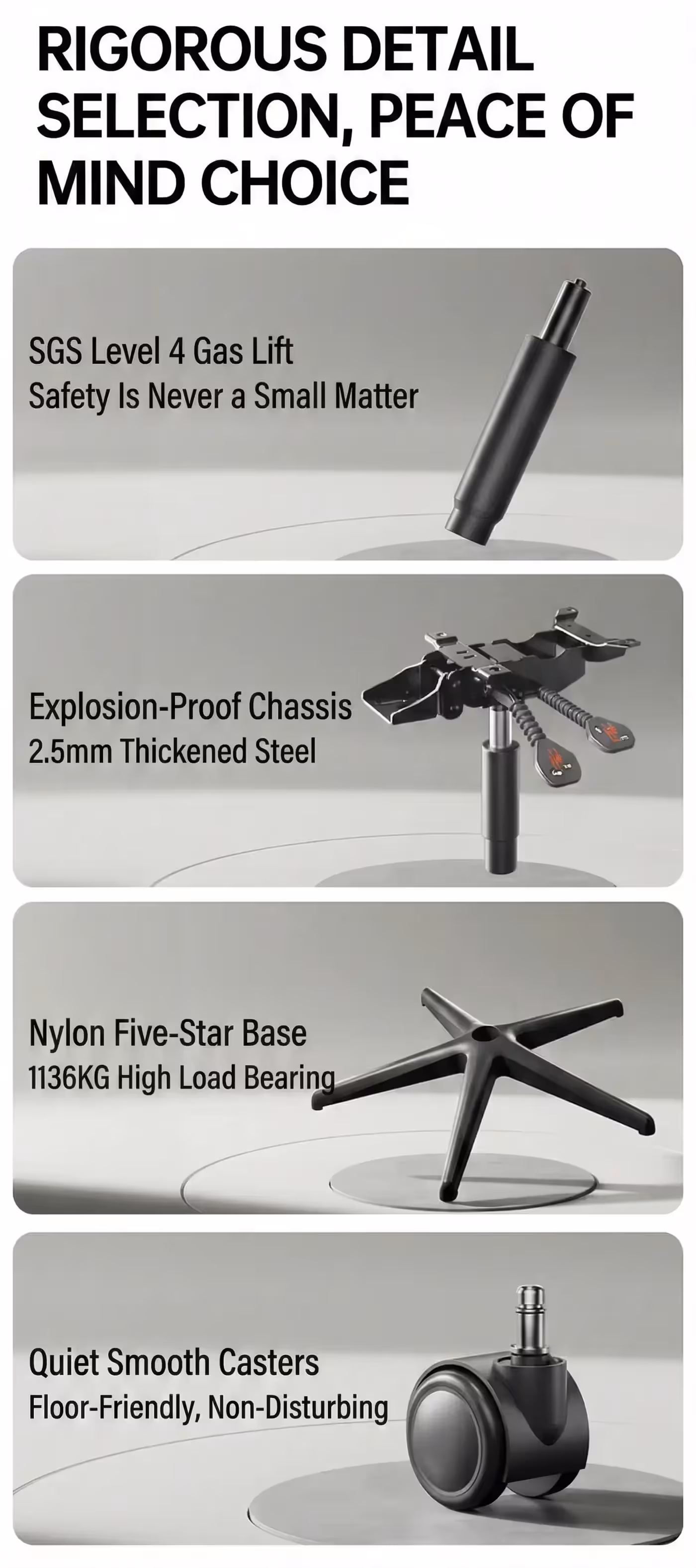 Four detail shots of the gas lift, chassis, five-star base and casters