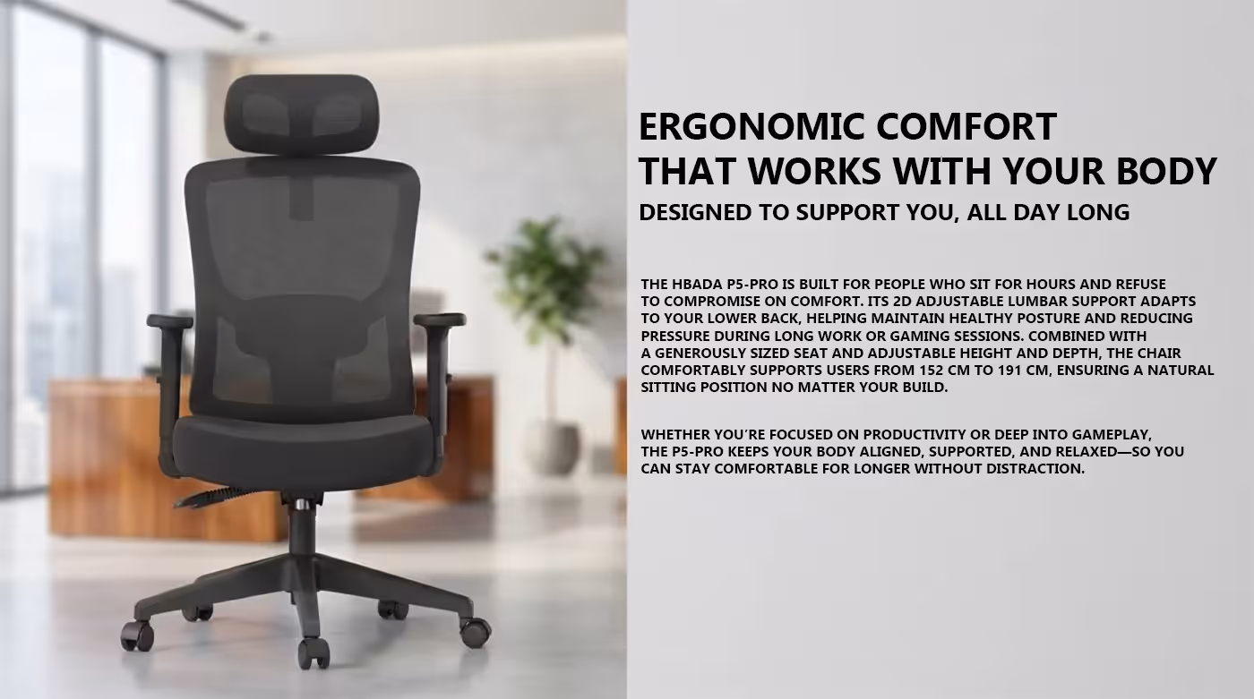 HBADA P5-Pro ergonomic office chair in black, front three-quarter view