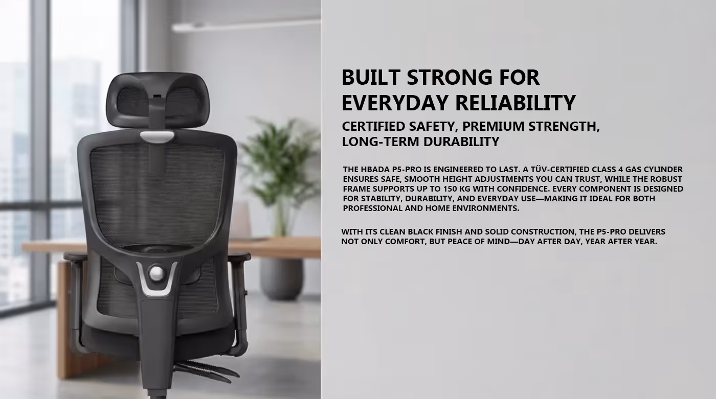 The black HBADA P5-Pro chair shown at full height on its swivelling casters