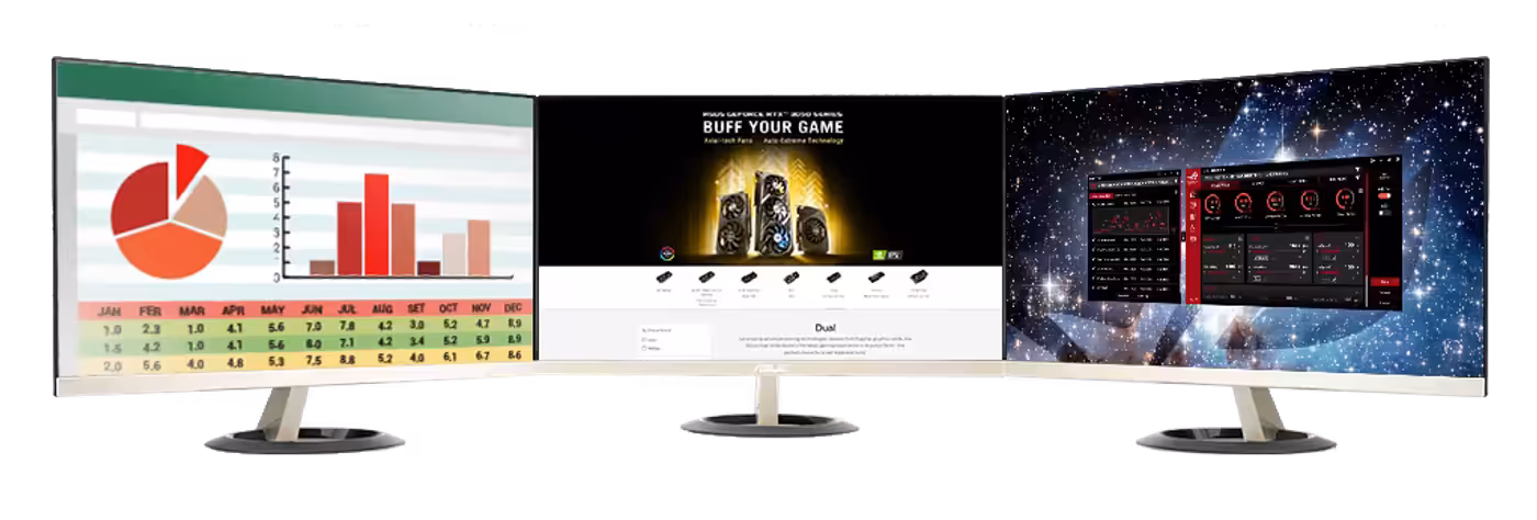 Three ASUS monitors side by side displaying various applications.