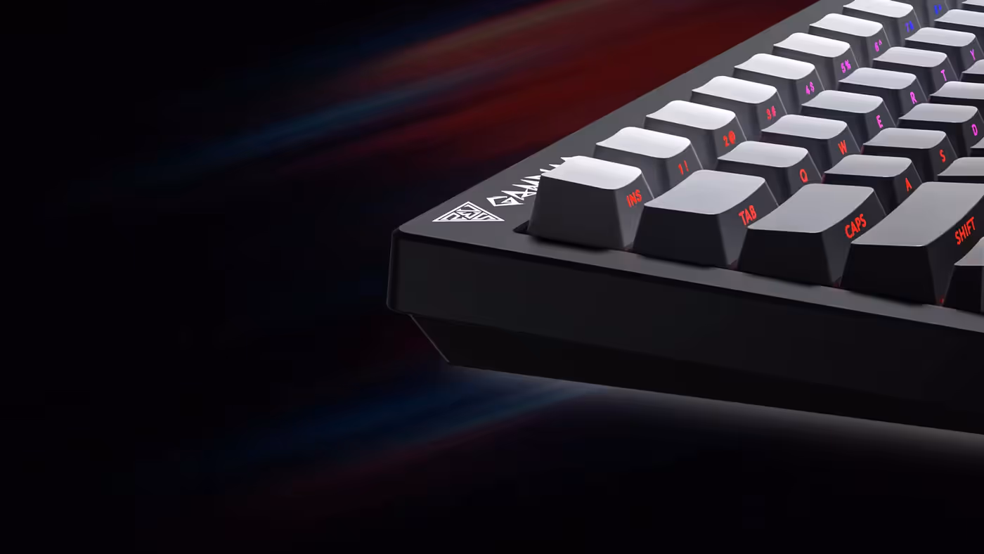 Close-up of side-engraved PBT keycaps with RGB lighting