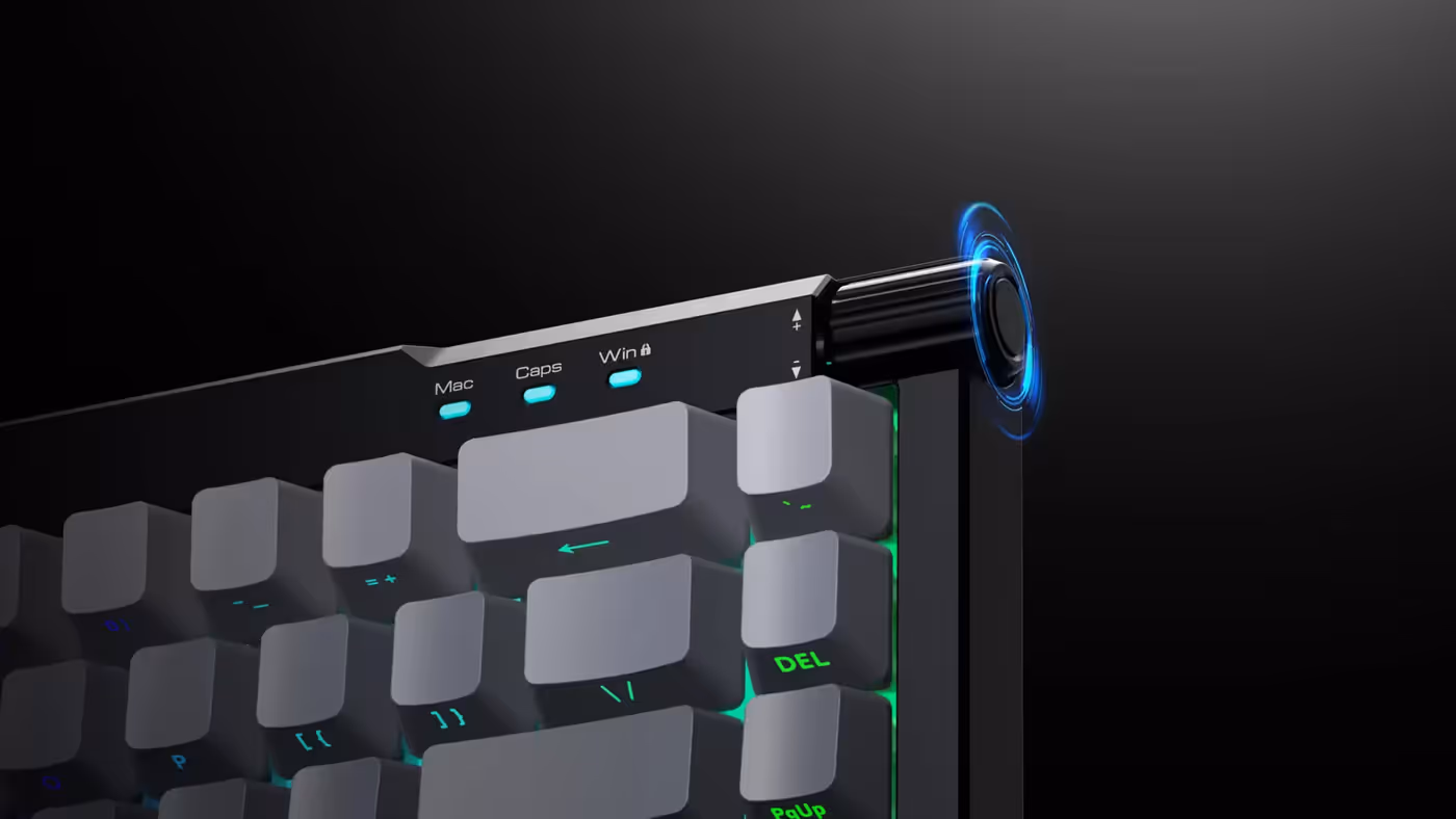 HERMES E8 keyboard with volume control knob and vibrant RGB lighting