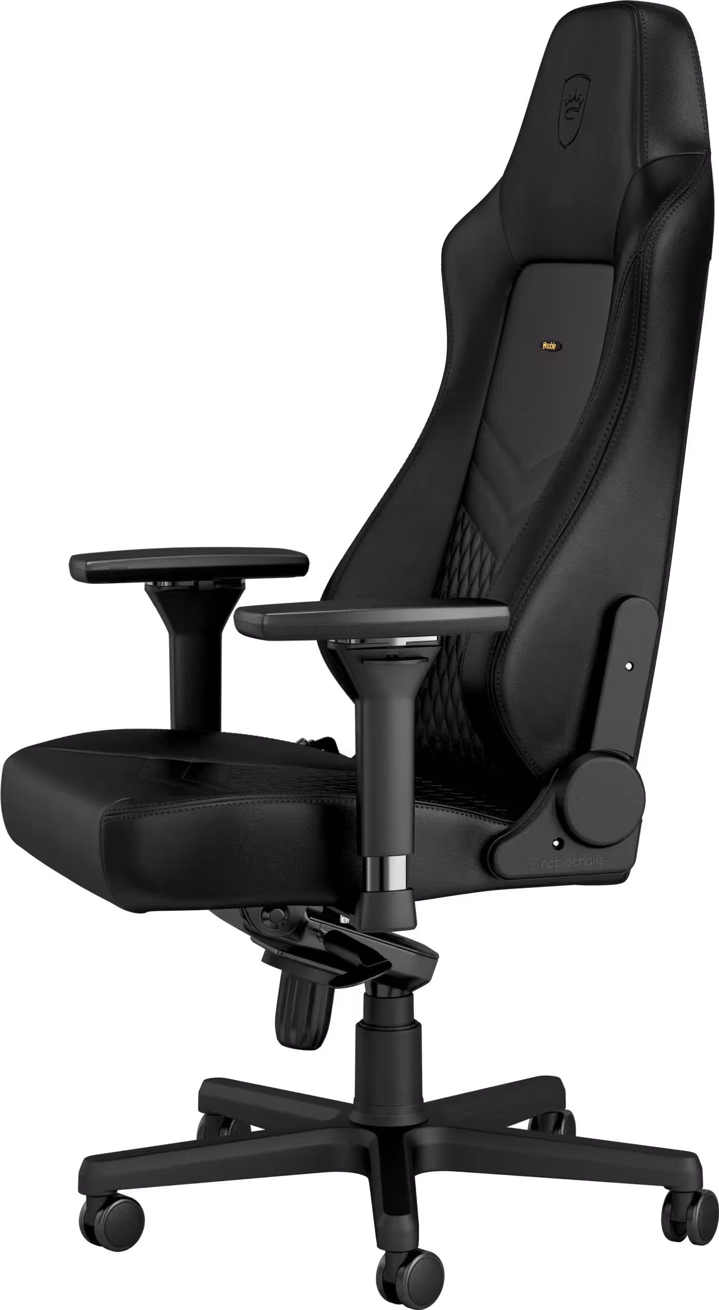Detail shot of elegant diamond-pattern stitching and noblechairs branding on the HERO chair
