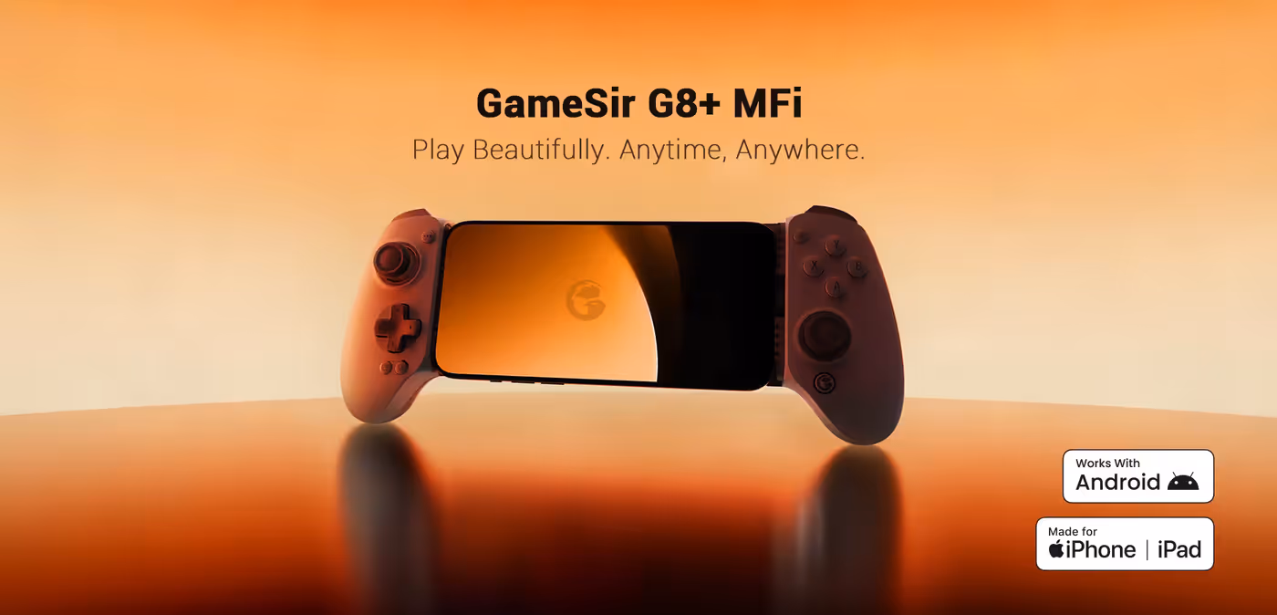 GameSir G8+ mobile controller gripping a phone in its telescoping bridge