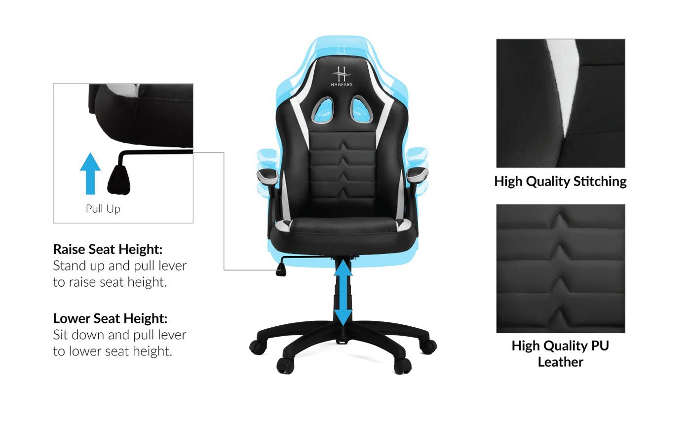 Side view of the HHGears SM-115 gaming chair showing its PU leather upholstery and stitched panelling