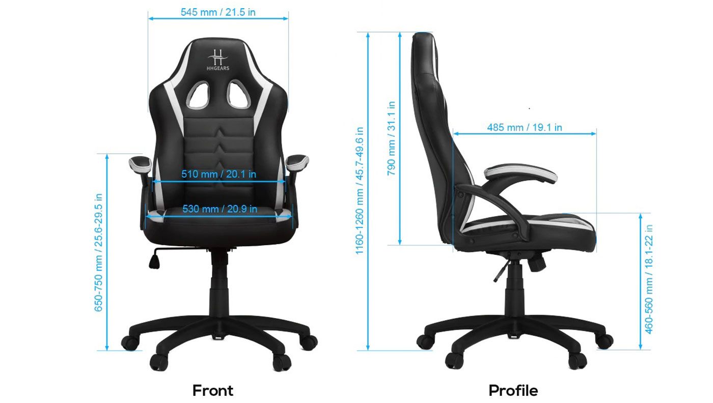 HHGears SM-115 gaming chair shown front-on with its fixed armrests and high racing-style backrest