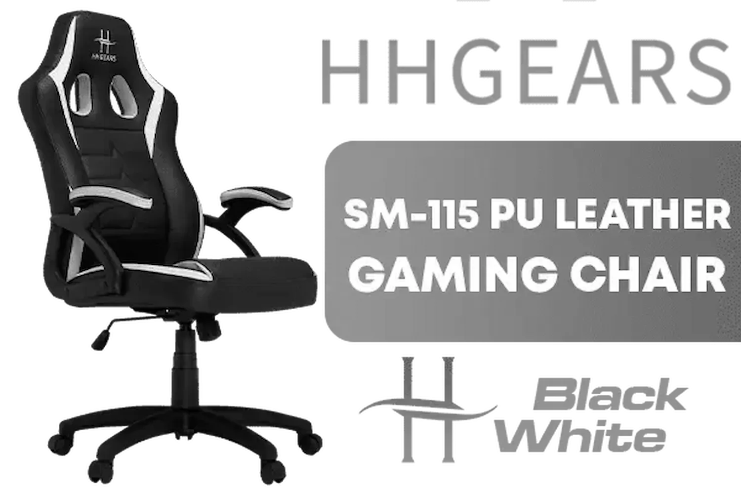 HHGears SM-115 PU Leather Gaming Chair - Black/White / High Quality PU Leather / Height Adjustability / High Quality Stitching / Max Weight Load 90kg / Net Weight 17kg / SM115_BW