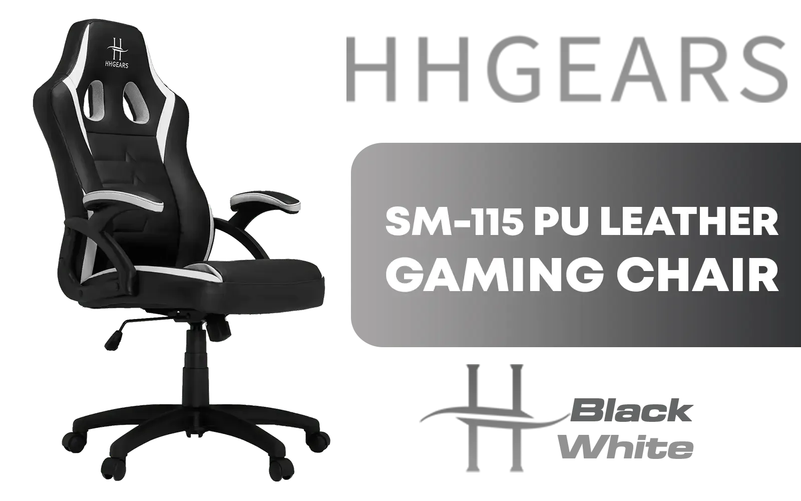 HHGears SM-115 PU Leather Gaming Chair - Black/White / High Quality PU Leather / Height Adjustability / High Quality Stitching / Max Weight Load 90kg / Net Weight 17kg / SM115_BW