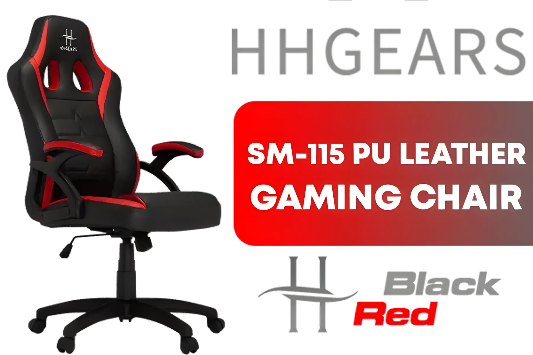 HHGears SM-115 PU Leather Gaming Chair - Black/Red / High Quality PU Leather / Height Adjustability / High Quality Stitching / Max Weight Load 90kg / Net Weight 17kg / SM115_BR