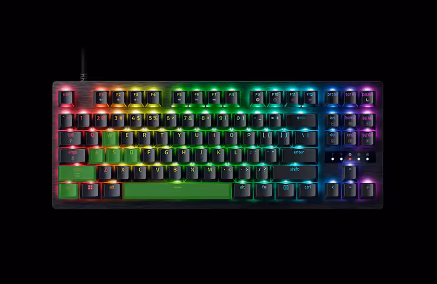 RGB backlit mechanical keyboard with black keys, colorful lighting under each key, labeled F1-F12, arrow keys, and numeric keypad.