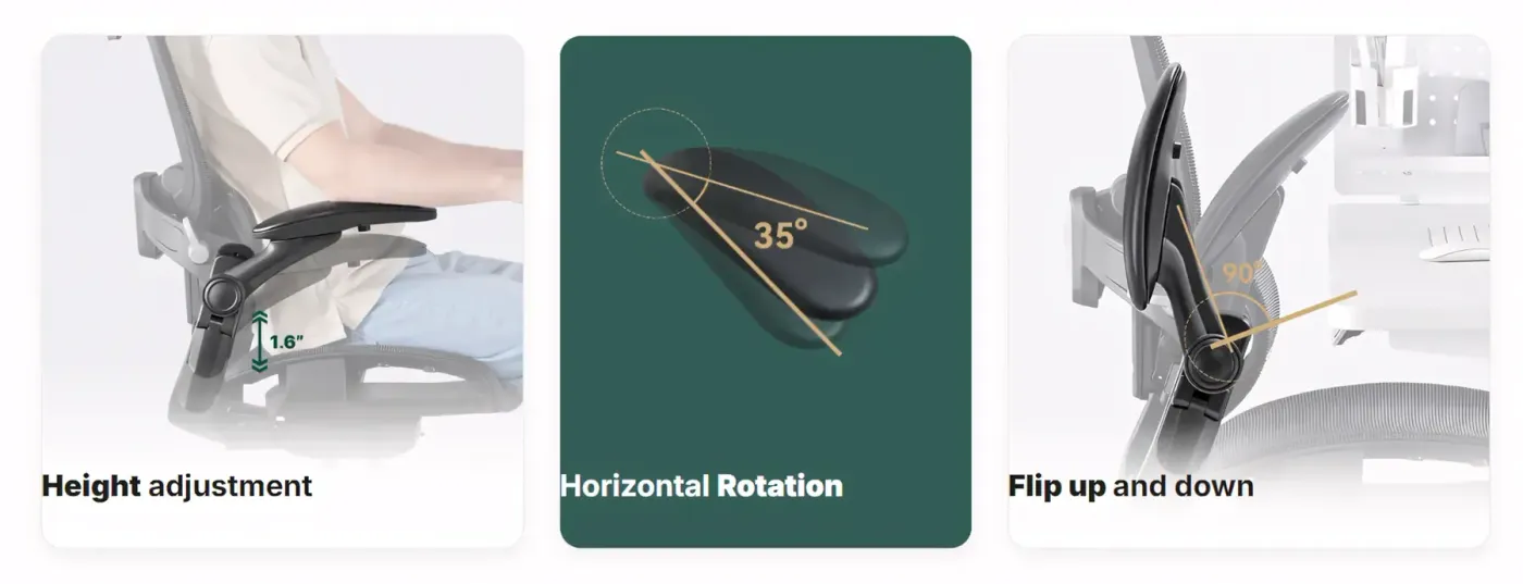 Illustration showing the horizontal rotation range of the H1 Classic V3 armrests.