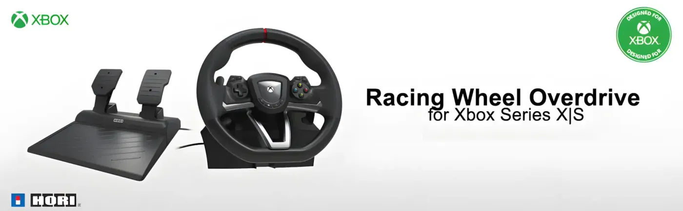 Hori Racing Wheel Overdrive shown in full with its wheel rim and button panel