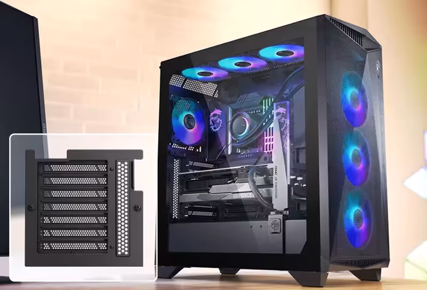 High-end graphics card support showing horizontal and vertical installation options