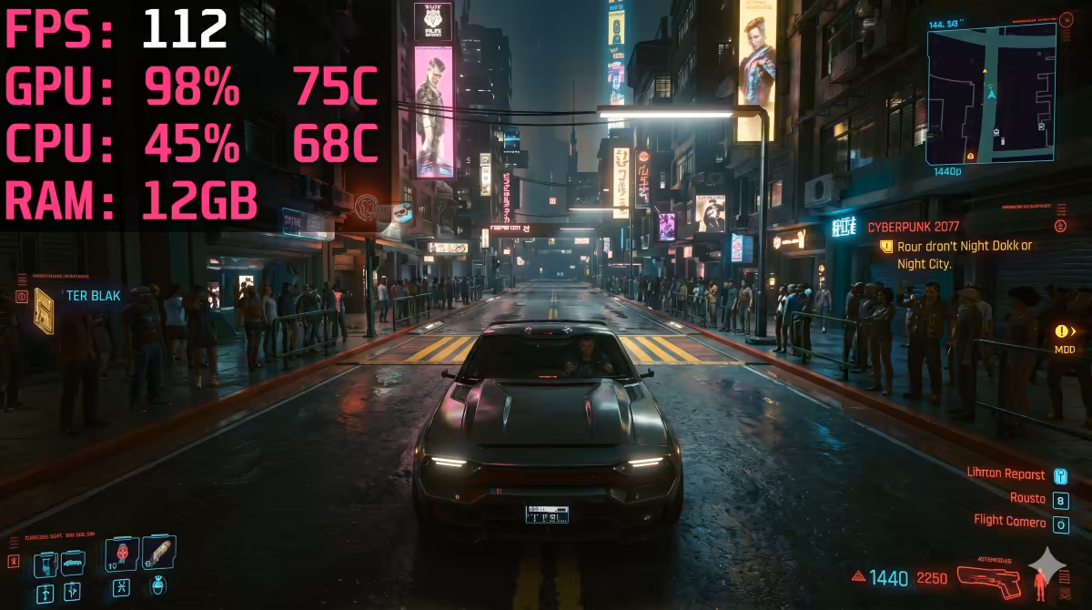 Cyberpunk 2077 at 1440p high with FPS overlay
