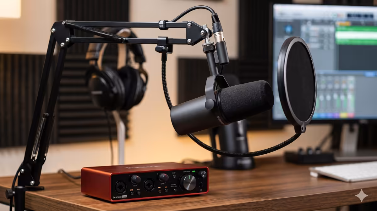 Shure SM7B on boom arm with pop filter