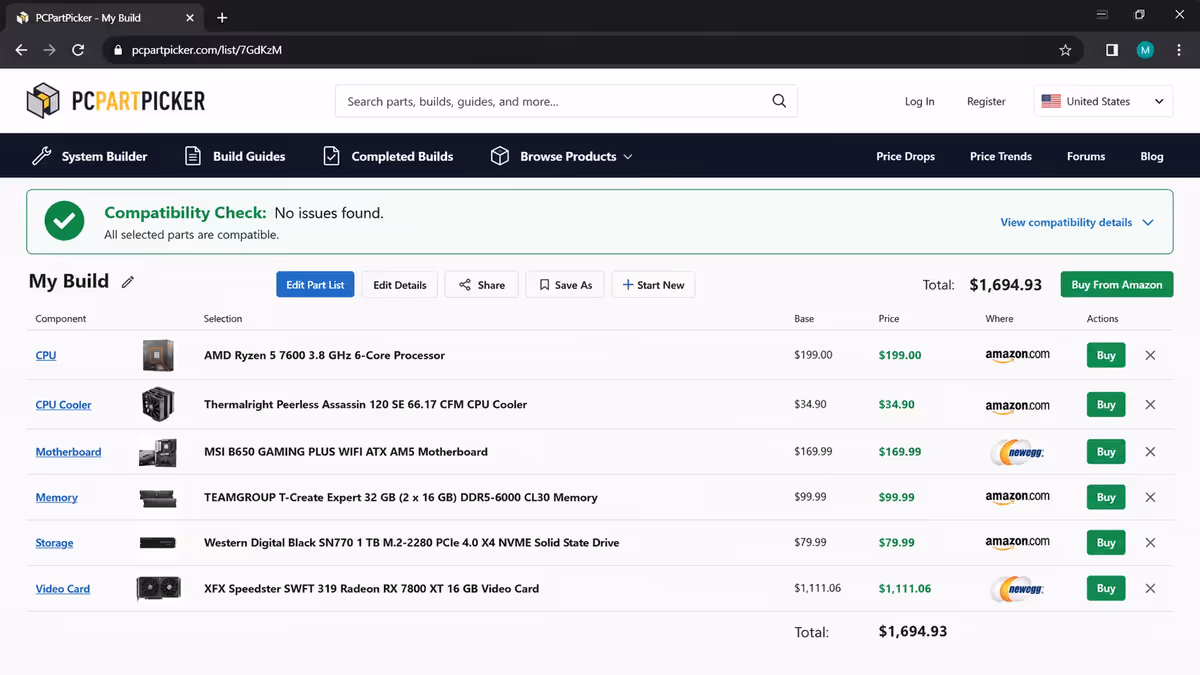 PCPartPicker compatibility check screenshot