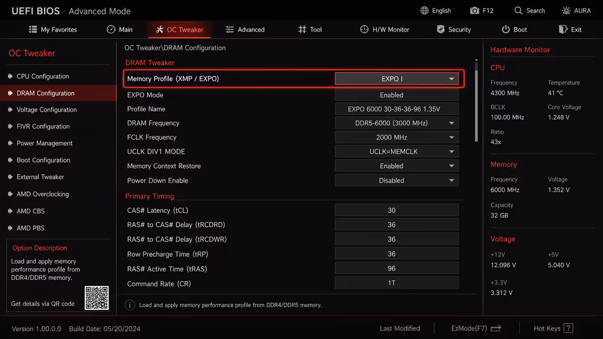 BIOS XMP / EXPO toggle
