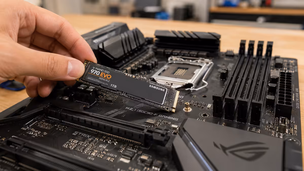 M.2 SSD being installed in motherboard