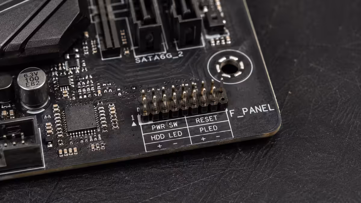 F_PANEL pin labels on motherboard silkscreen