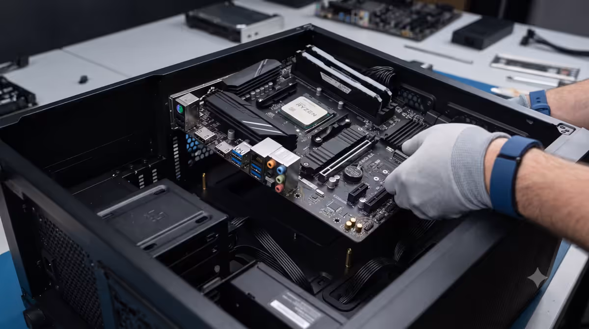 Motherboard lowered into case at tilt