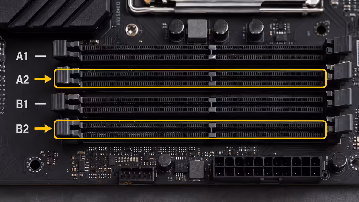 DIMM slots labelled A1/A2/B1/B2 — close-up of the motherboard DIMM