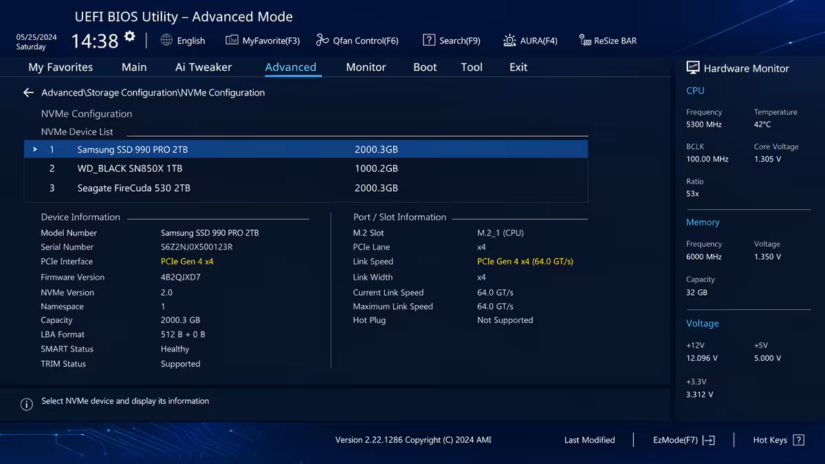 BIOS storage page showing SSD at Gen 4 speed
