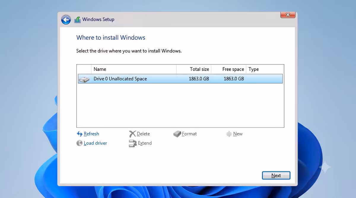 "Where to install Windows" screen