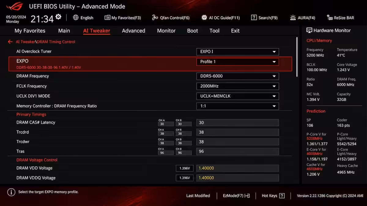 EXPO profile selection screen