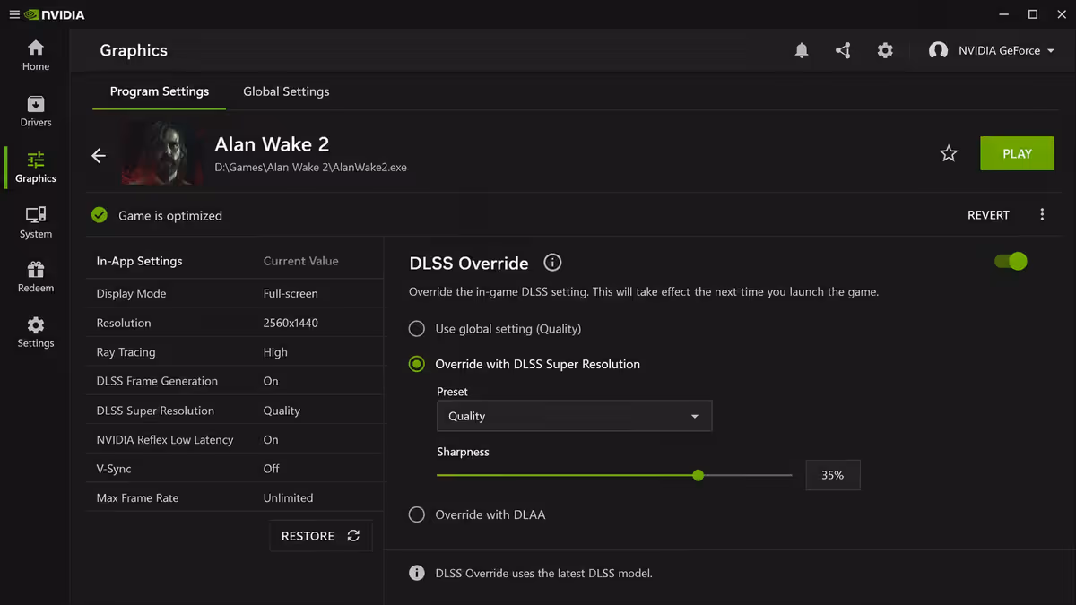 NVIDIA app DLSS Override panel