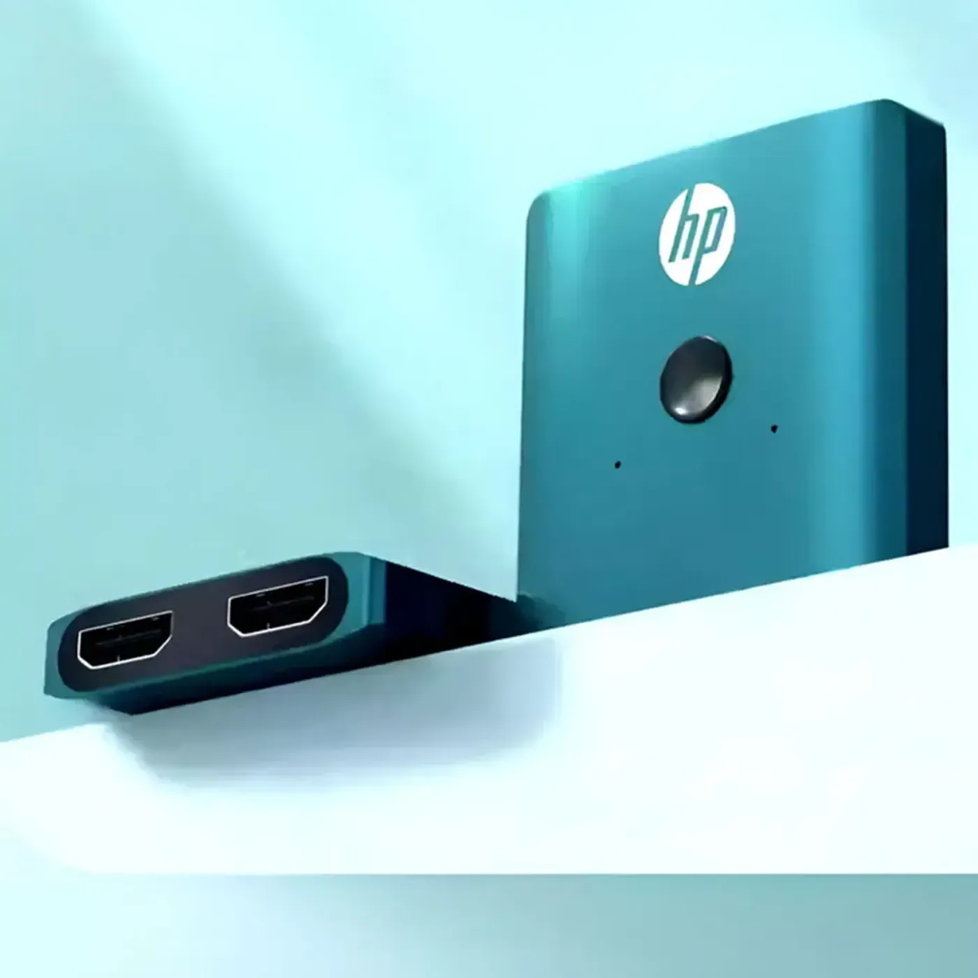 HP DHC-HD01V HDMI switcher in a blue aluminium housing