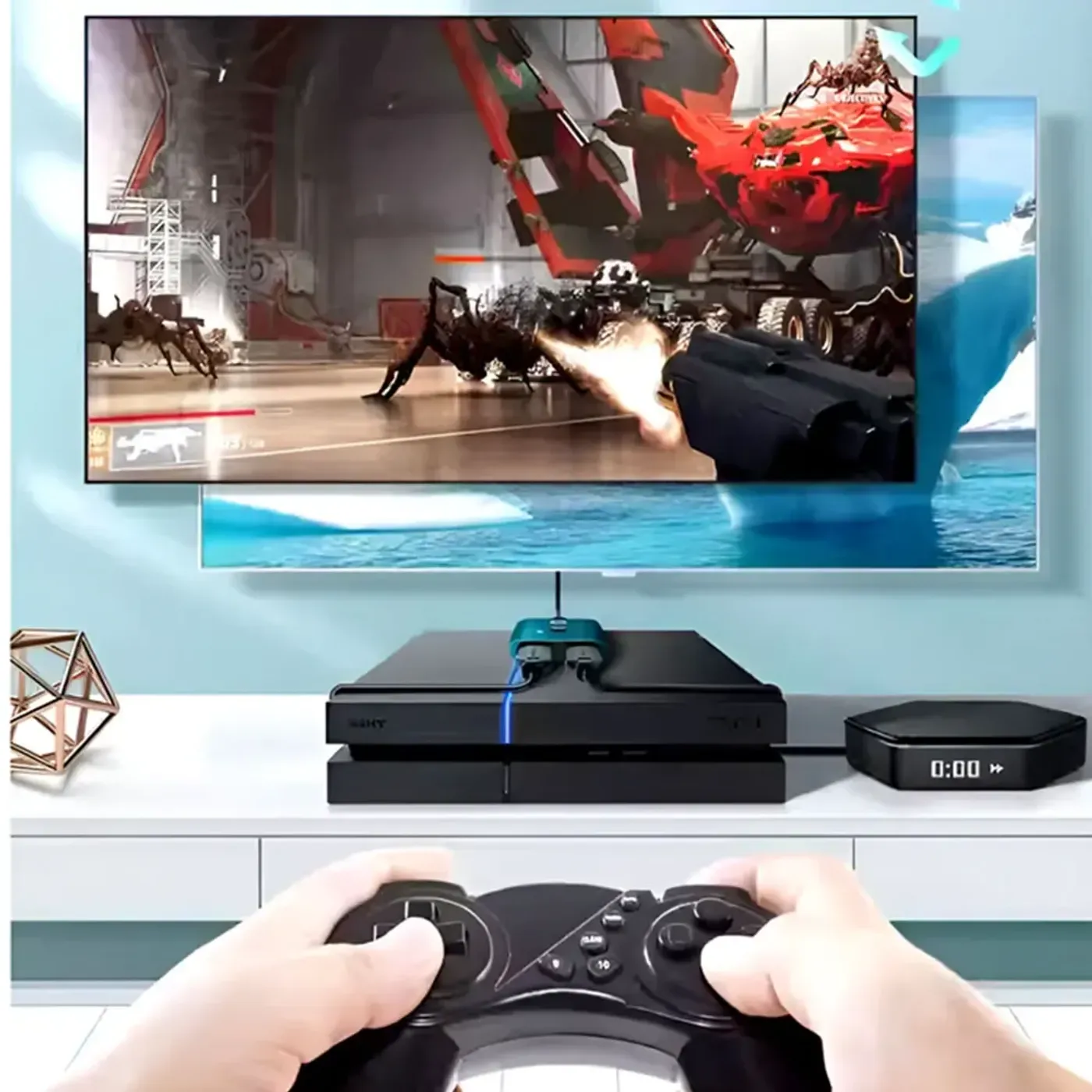 HP DHC-HD01V HDMI switcher shown alongside a 4K display