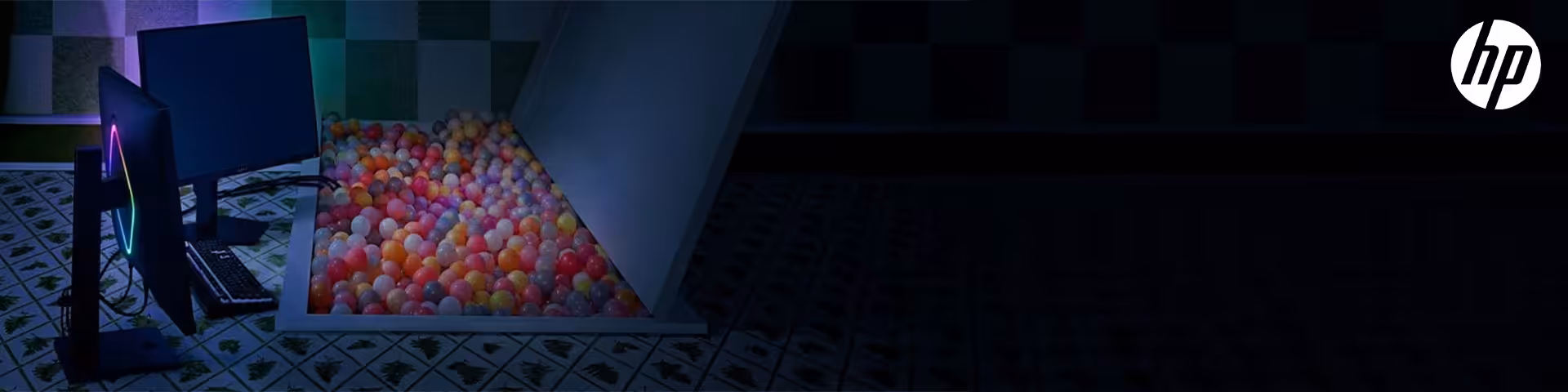 HP OMEN gaming monitor shown against a dark desk background