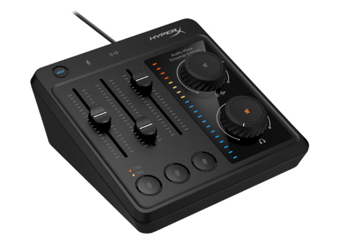 HP HyperX Audio Mixer showing its faders, volume knobs and mute buttons