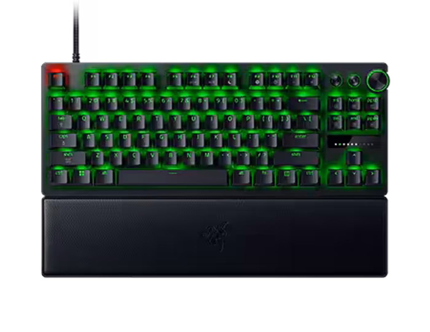Keyboard displaying quick actuation adjustment features with indicator lights and controls.