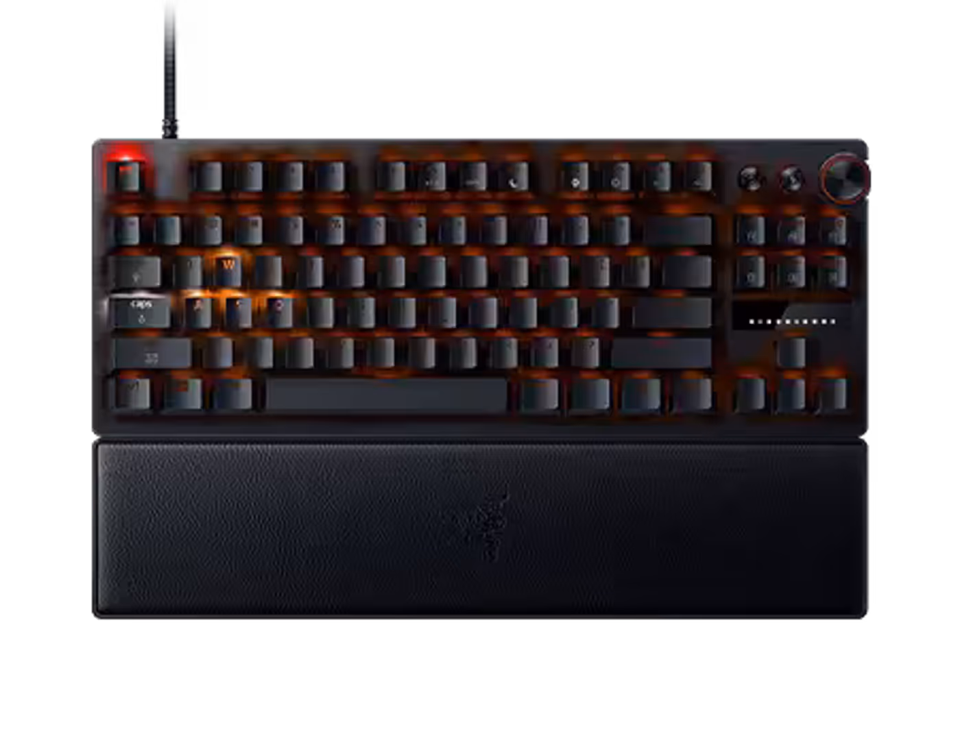 Keyboard layout showing rapid trigger quick adjustment settings and digital dial controls.