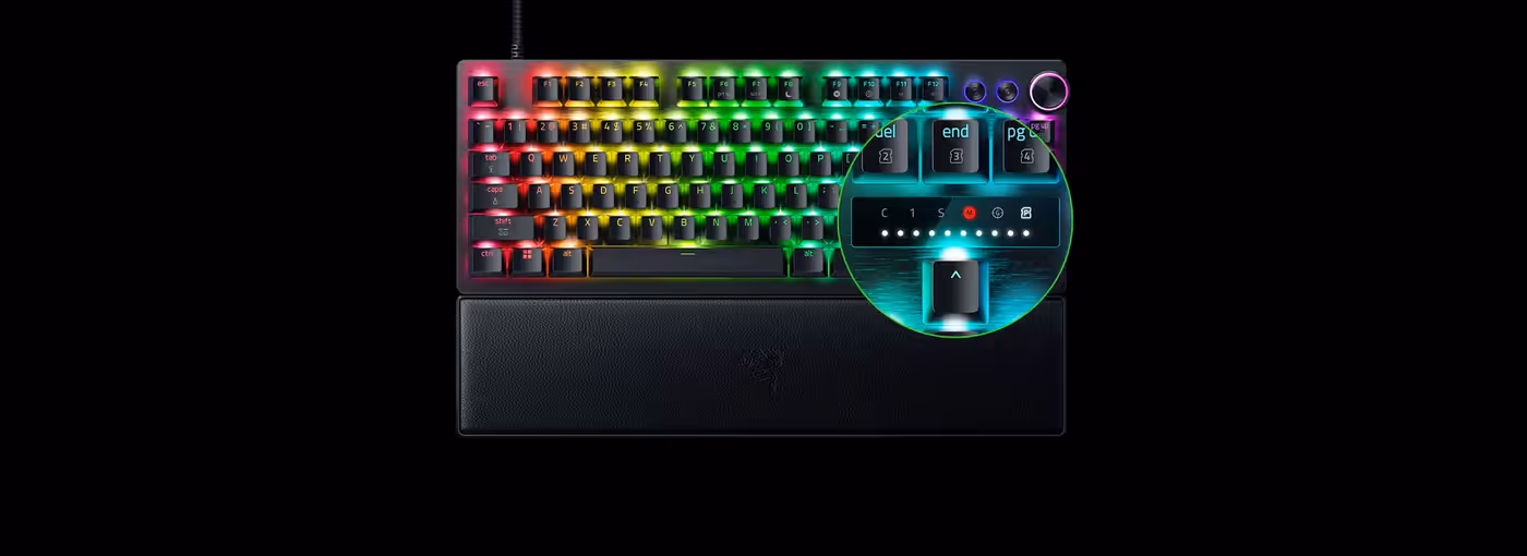 RGB-backlit mechanical keyboard with wrist rest; detailed inset shows macro keys, profile, and indicator lights.