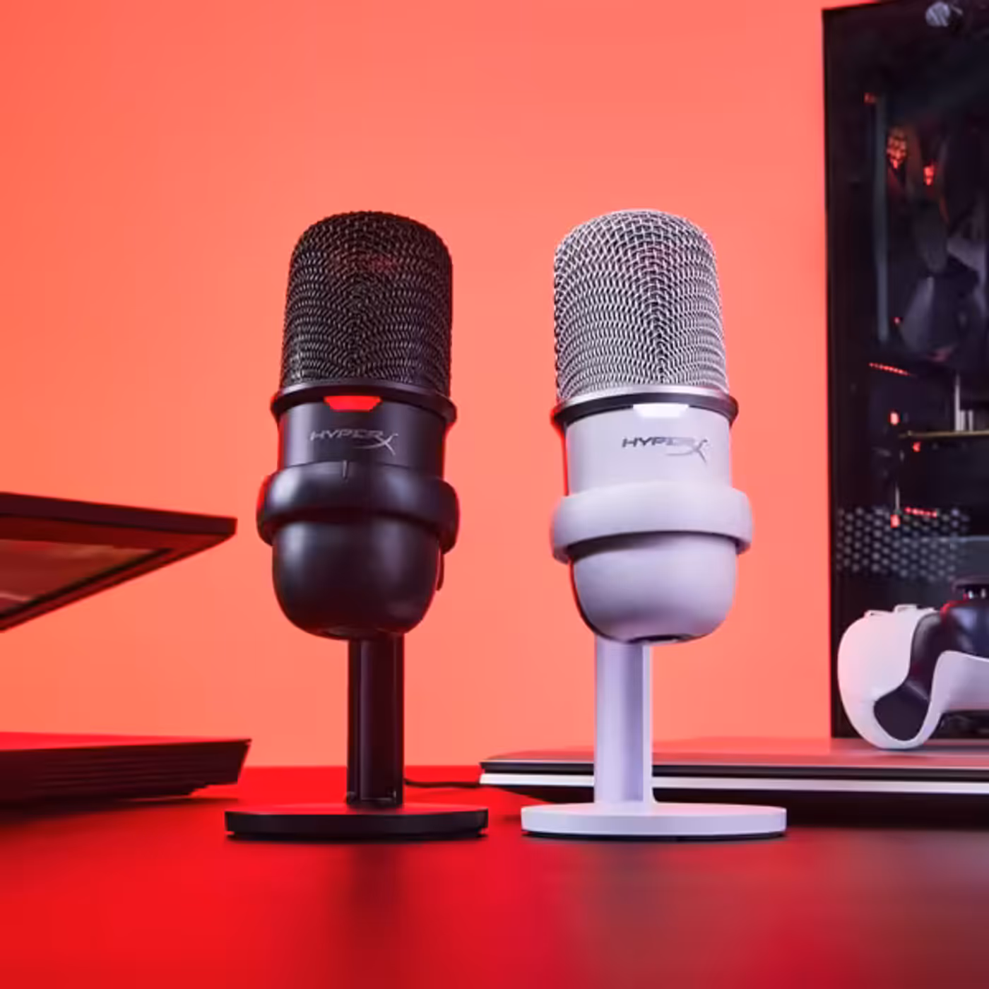 HyperX SoloCast microphone connected with compatible devices and streaming software