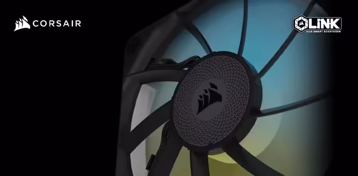 Corsair iCUE LINK RX140 RGB cooling fans starter kit featuring black dual fans and RGB lighting