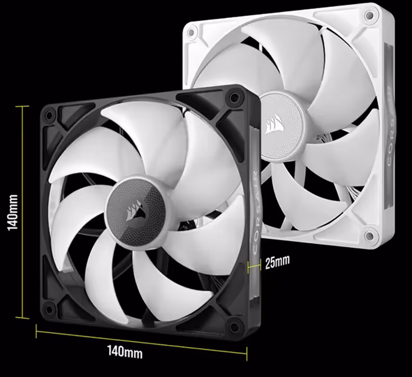 Technical specification details and performance metrics for the Corsair cooling fans