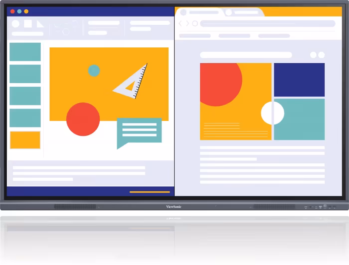 Interactive display showing split-screen multitasking for classroom lessons