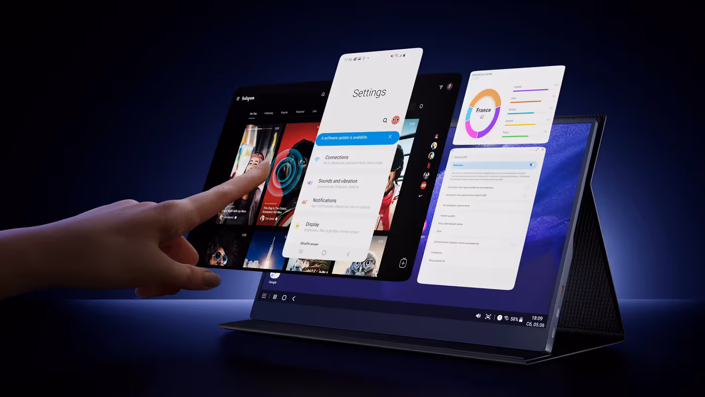 Close-up of fingers interacting with the 10-point touch screen interface