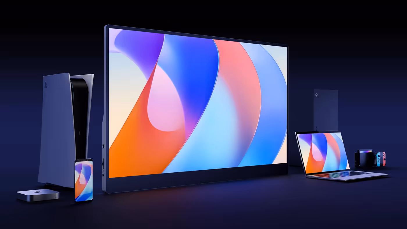 Portable monitor connected to multiple devices demonstrating seamless cross-platform compatibility