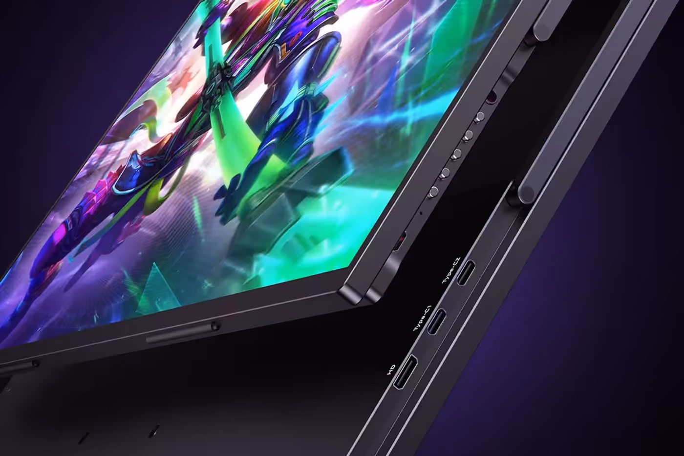 Close-up of the monitor's input ports including Type-C and mini HDMI interfaces