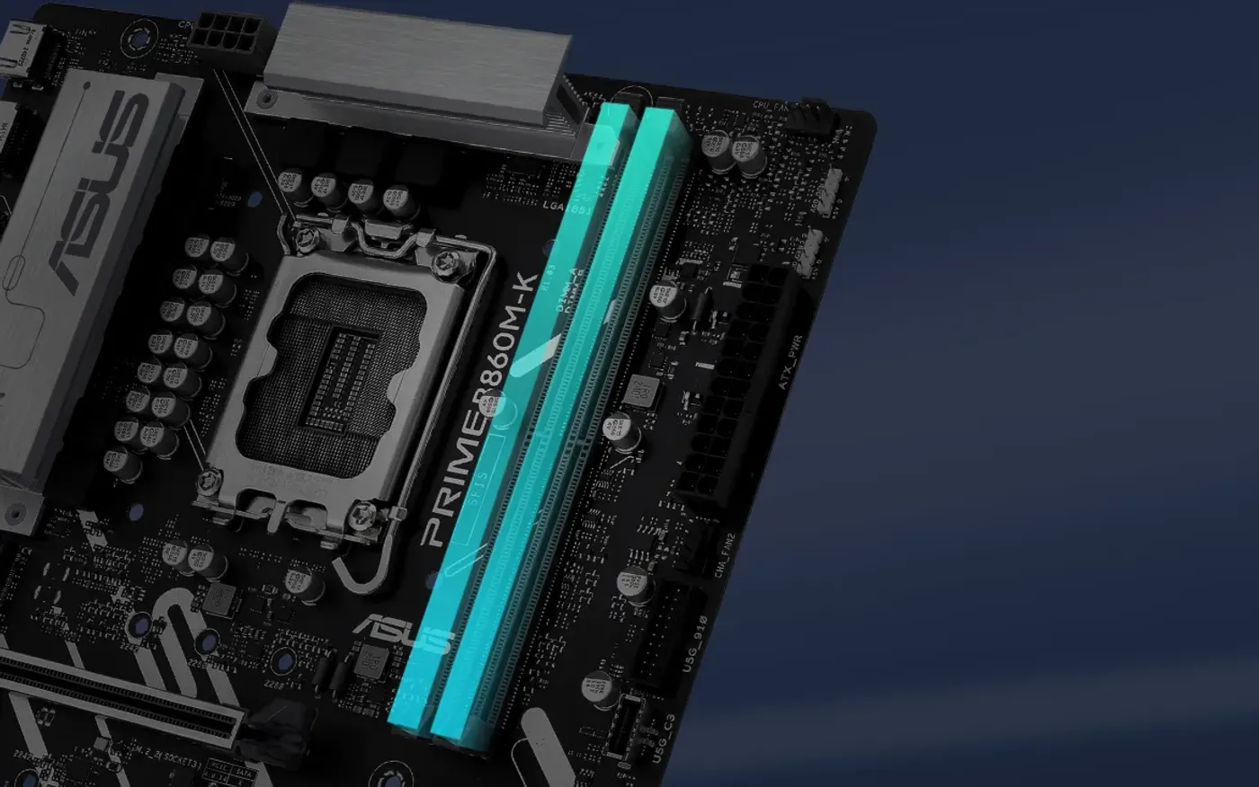 Angled top-down view of PRIME B860M-K motherboard.