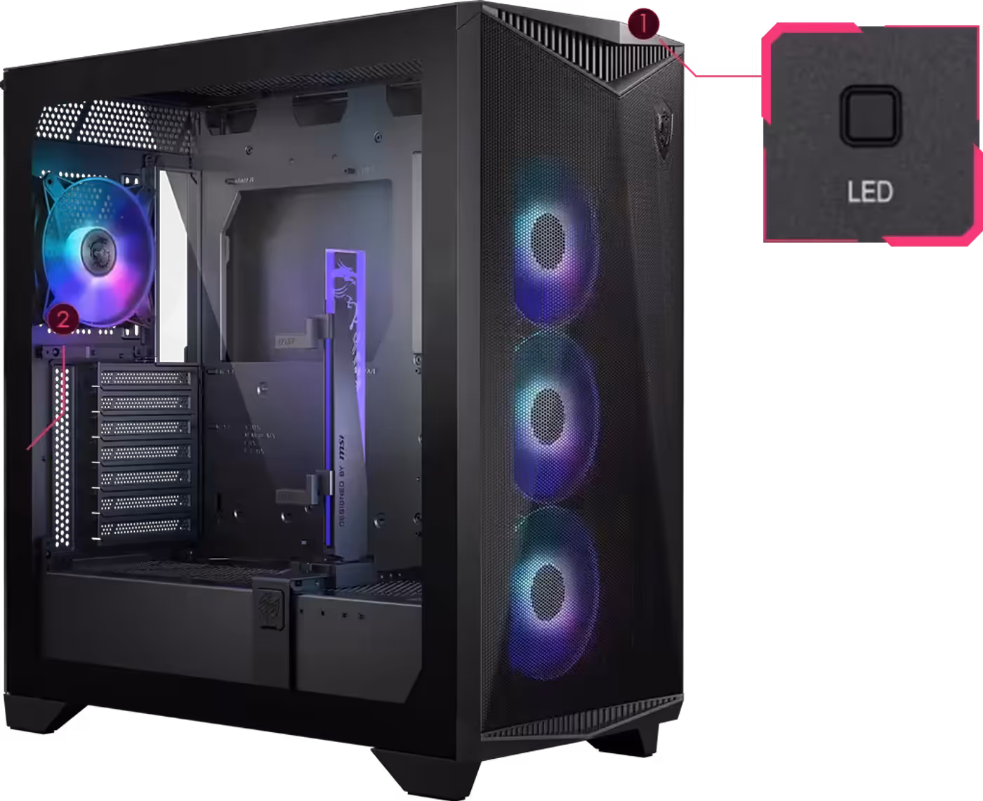 MPG GUNGNIR 300R AIRFLOW showcasing Insta-Light Loop button and tempered glass side panel
