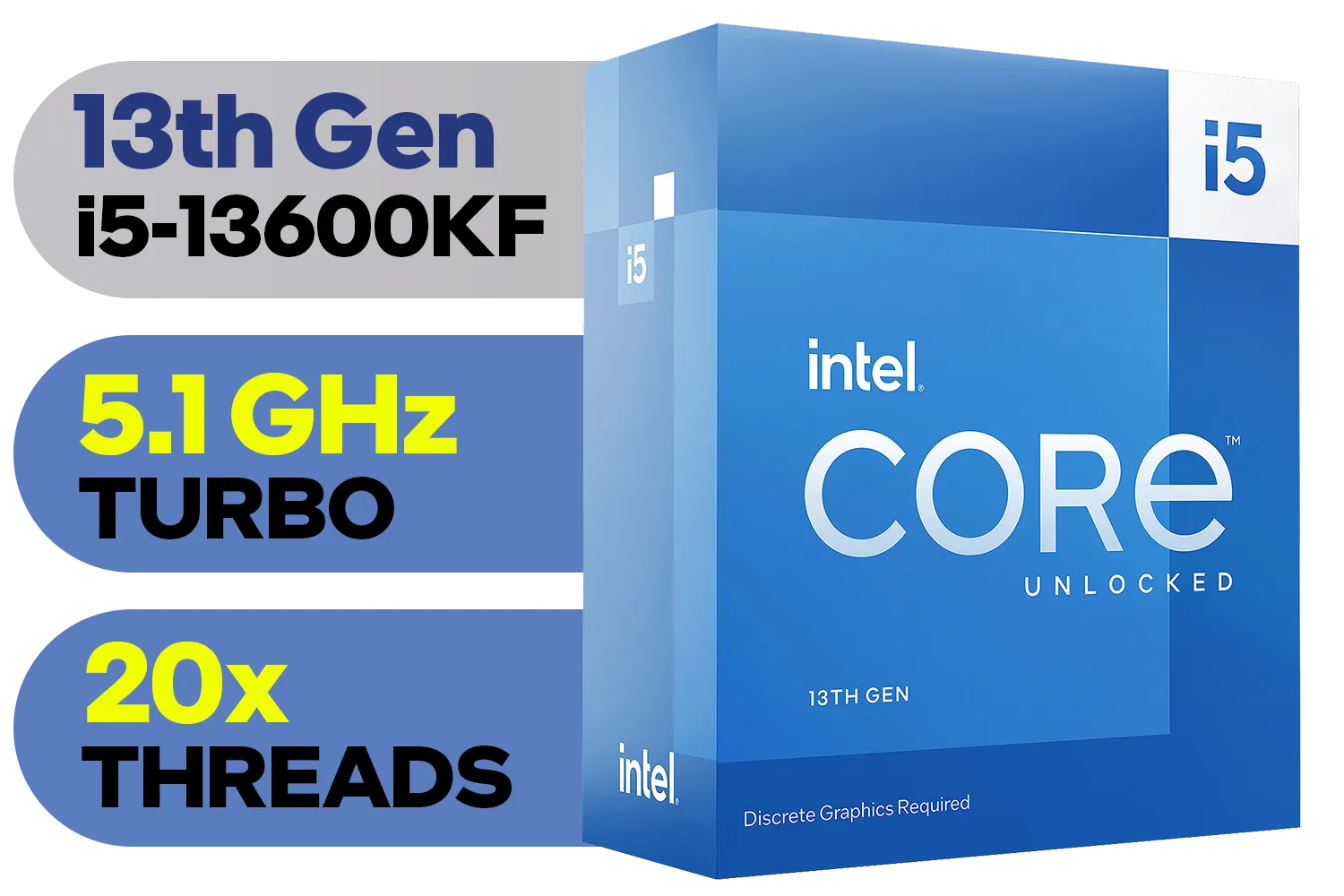 Intel 13th Gen Core i5-13600KF Desktop Processor 14 (6P+8E) Cores up to 5.10 GHz Unlocked LGA1700 Series Chipset 125W / <span style="color: red;" >Discrete Graphics Card Required</span> / BX8071513600KF