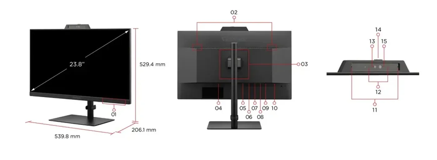 VG2441V rear I/O ports and dimension diagram